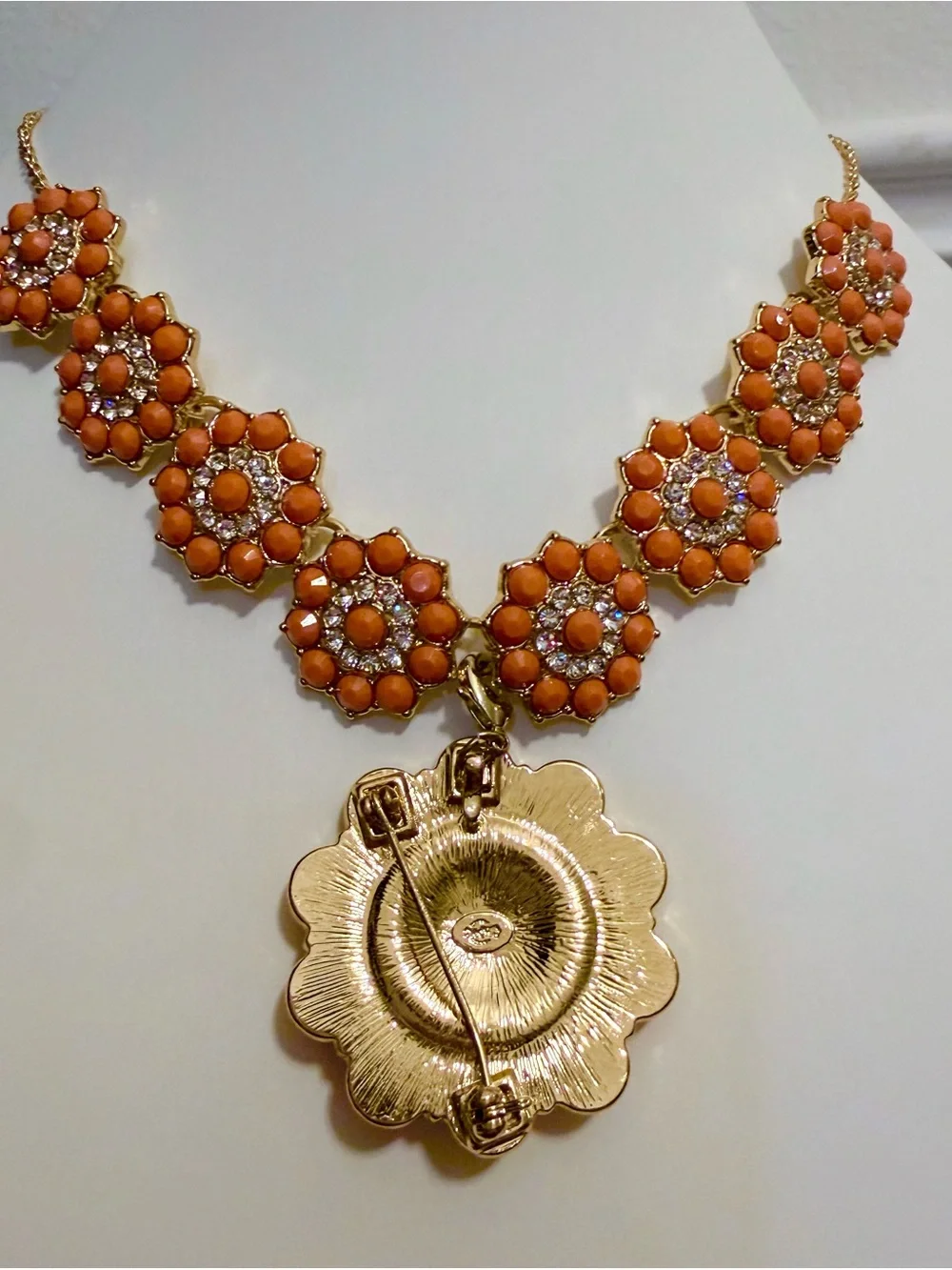 Premier Designs “Peachy Keen” Gold-Tone Orange Floral Statement Necklace